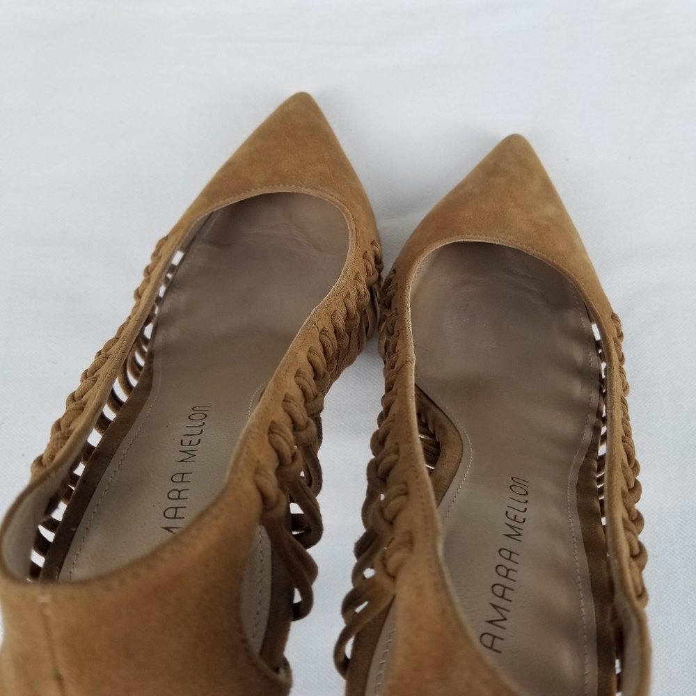 Tamara Mellon Tan Neutral Suede Braided Pointed Toe Pump Heels Size 8 - Picture 6 of 12
